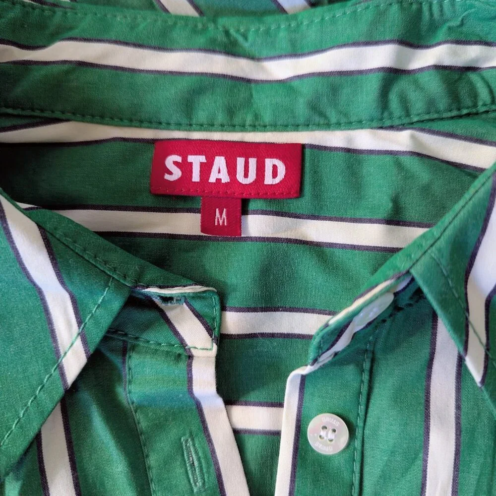 STAUD Michelle Striped Shirt Mini Dress Seaweed Green Size M NWT Chic Versatile - Picture 6 of 16